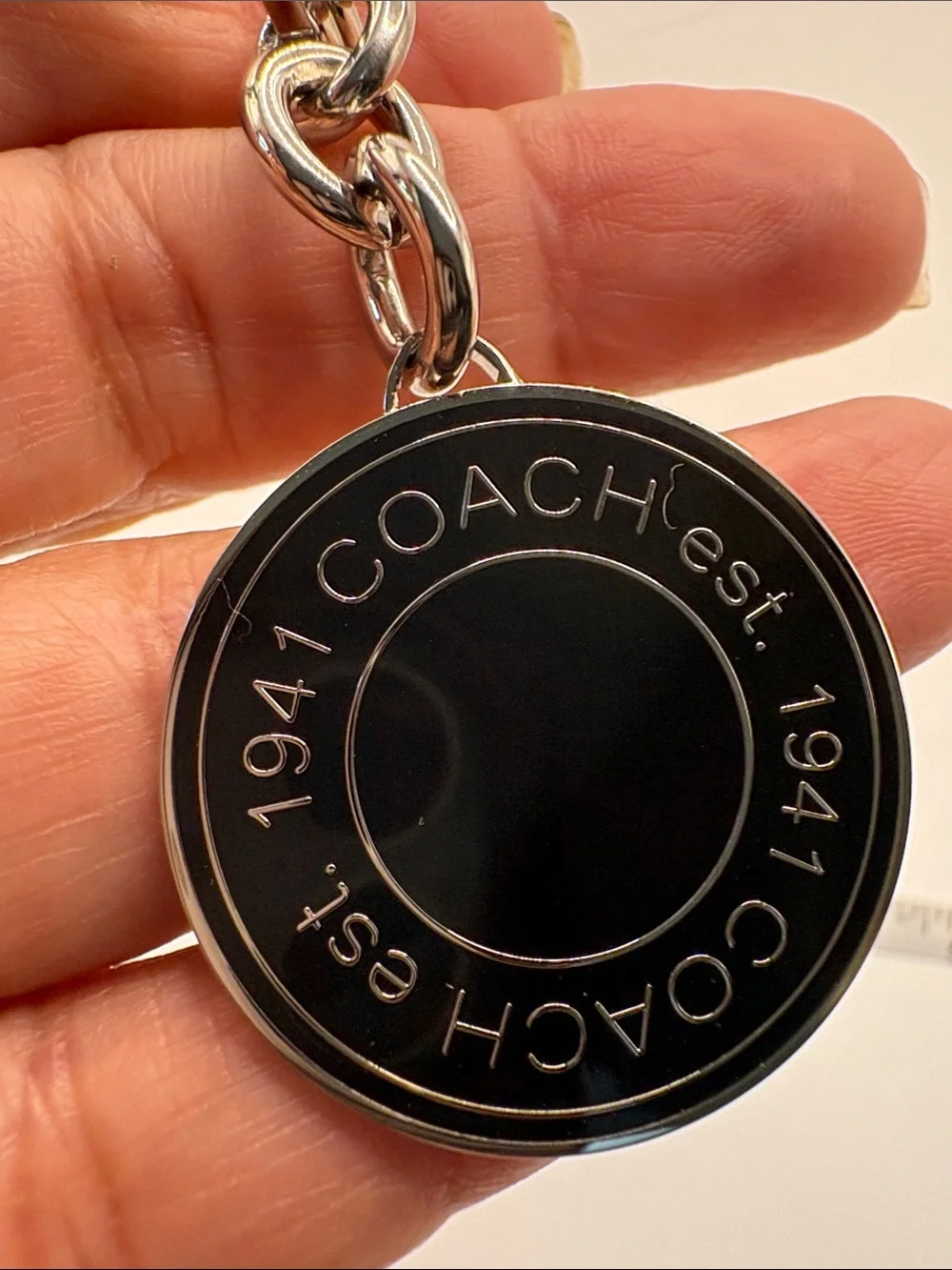 Coach Black and Silver Round Logo Keychain